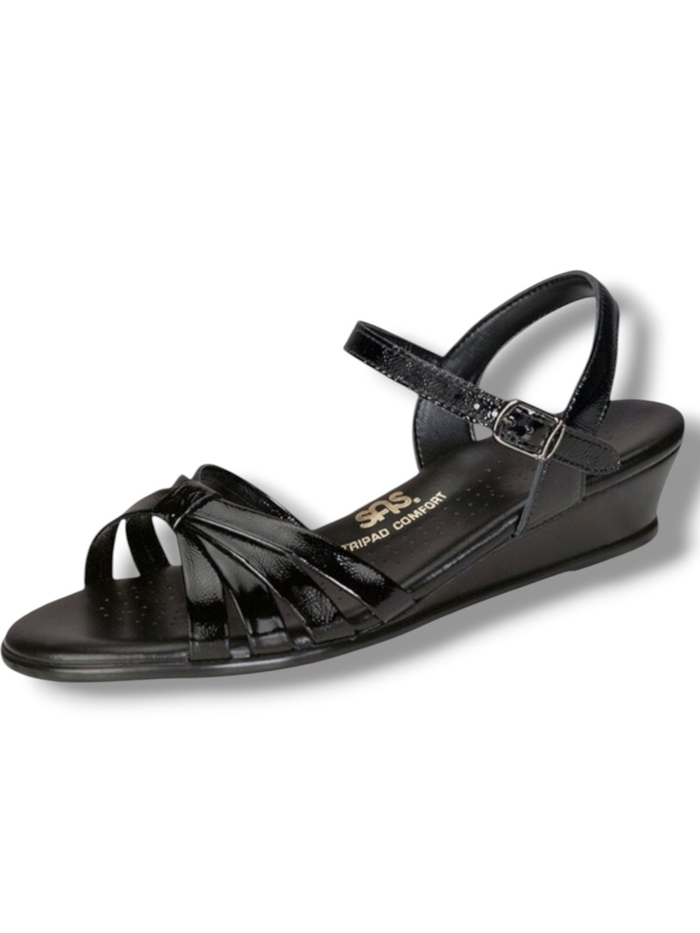 SAS Strippy Quarter Strap Comfort Wedge Sandals Black Patent Size 10WW